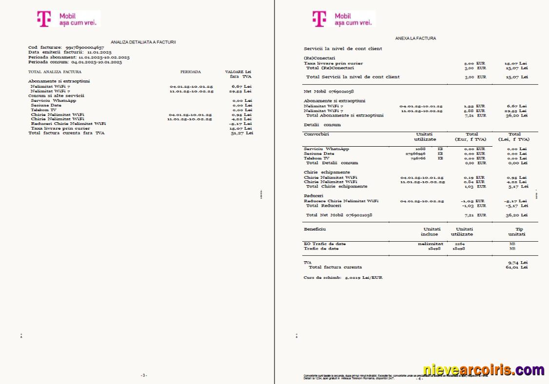 Romania T-Mobile utility bill, 4 pages, 3-4 pages